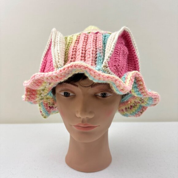 Handmade Multicolor Crochet Cat Ear Pixie Hat With Ruffled Brim For Adults main image 6